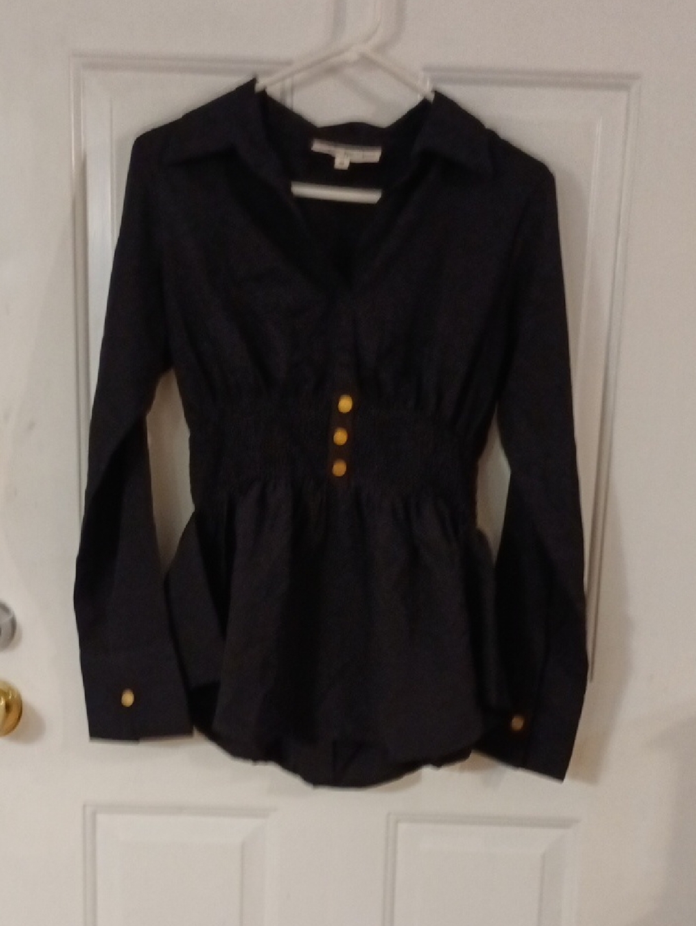 Black Long-Sleeve Peplum Blouse with Gold Buttons